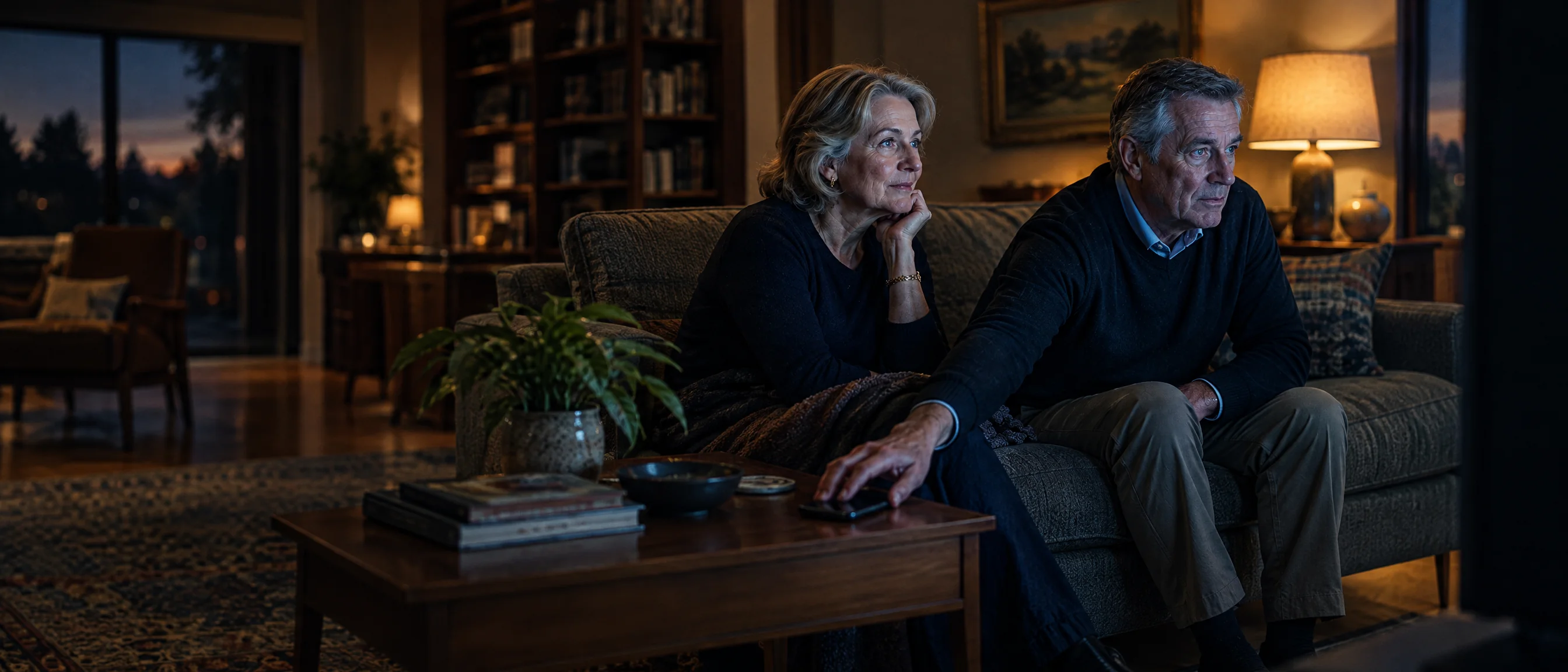 A couple in their 60s watching television together at home in the evening