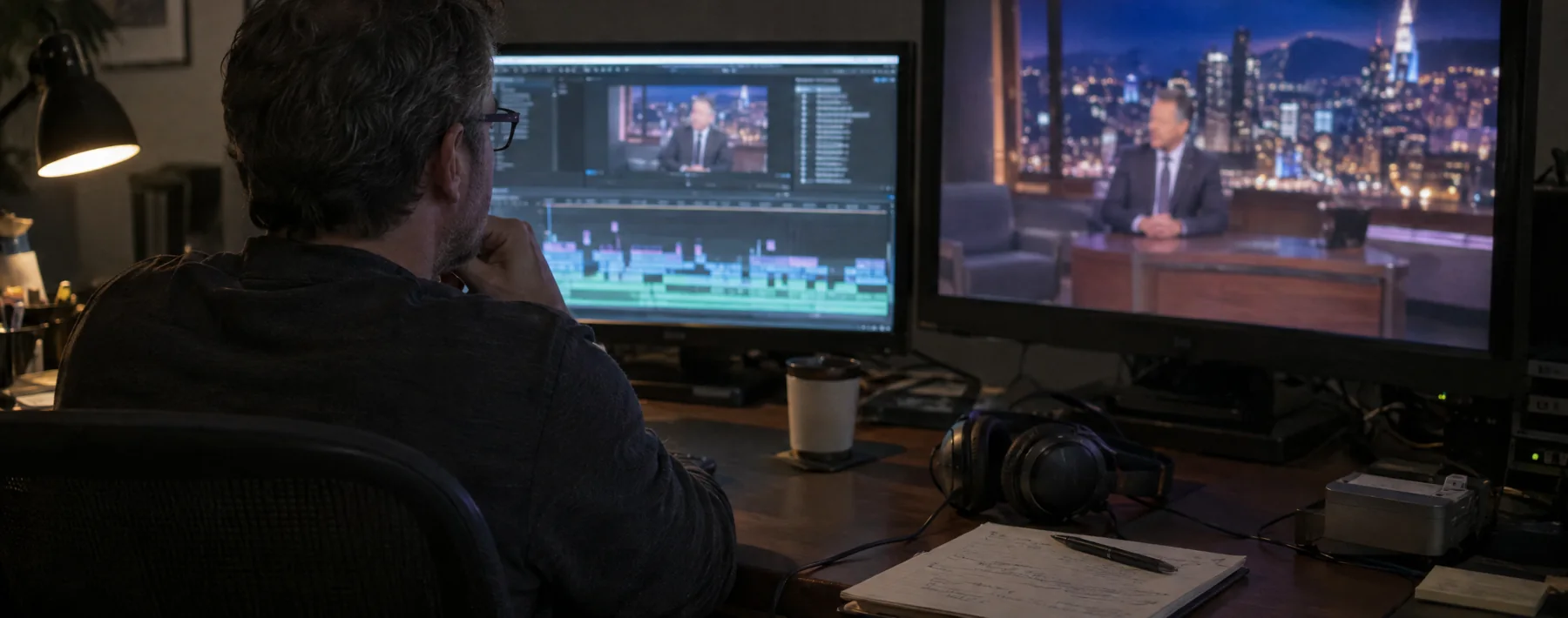 An editor reviewing a talk-show style TV program in an edit suite